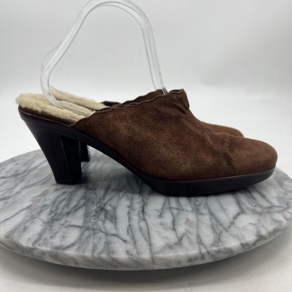 UGG Stacked Block Heeled Mules Womens 9.5 Brown Suede Shearling Lining Slip On - Picture 2 of 11